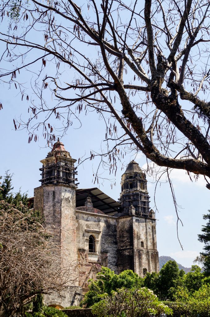 The image shows an old, weathered stone church with two towers in Tepoztlán, Mexico, partially obscured by a large, leafless tree in the foreground. The church's rustic appearance, with visible cracks and faded paint, hints at its age and historical significance. The roof of the building is supported by a modern canopy, likely for preservation purposes. The bare branches of the tree, with a few seed pods hanging from them, create a stark contrast against the clear blue sky, while lush green foliage surrounds the lower portion of the church. The scene conveys a blend of history and nature, highlighting the church's enduring presence amidst the passage of time in Tepoztlán.